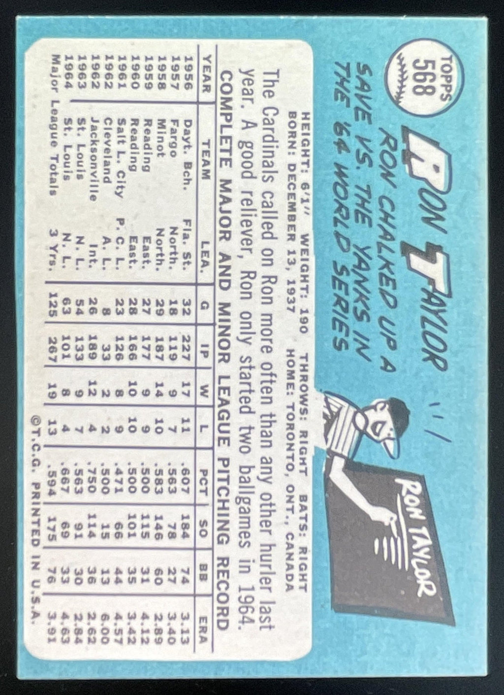 1965 Topps #568 Ron Taylor product image 2, provided for visual reference and product detail review