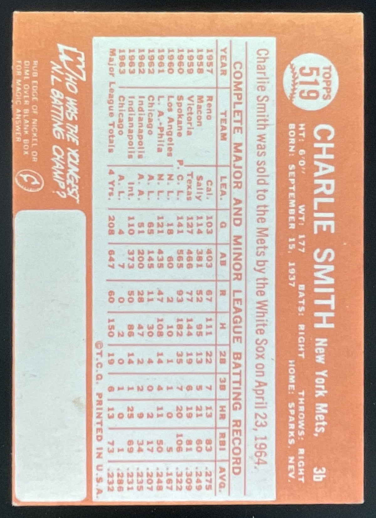 1964 Topps #519 Charlie Smith product image 2, provided for visual reference and product detail review