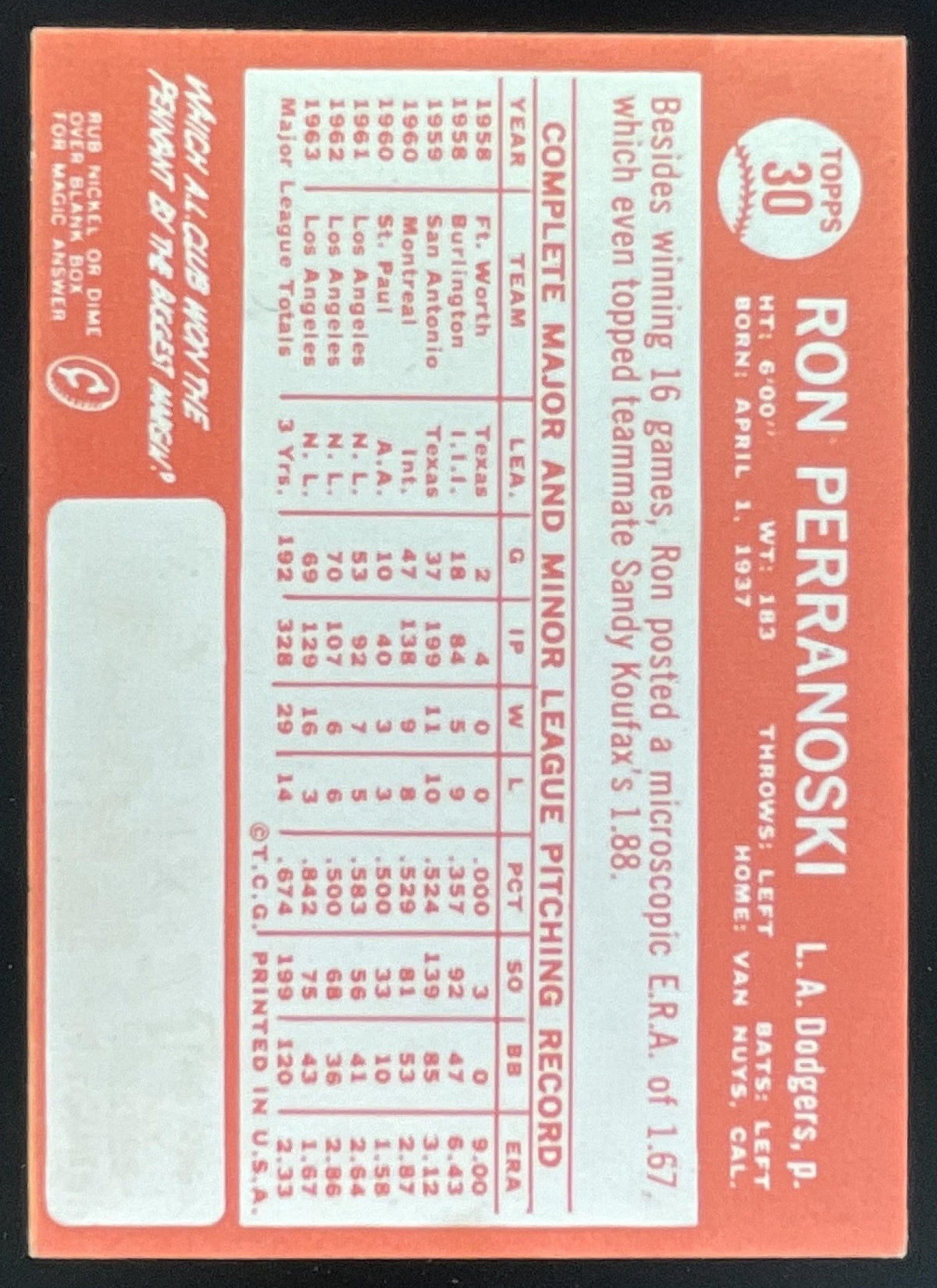 1964 Topps #30 Ron Perranoski product image 2, provided for visual reference and product detail review