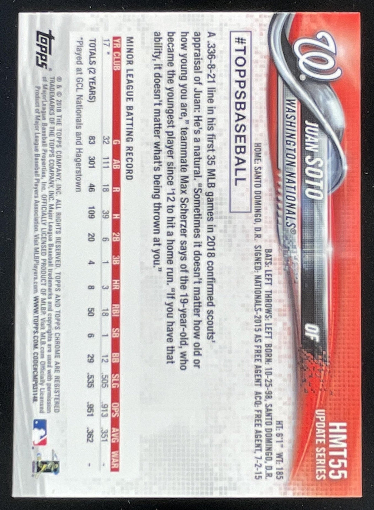 2018 Topps Chrome Update #HMT55 Juan Soto RC product image 2, provided for visual reference and product detail review