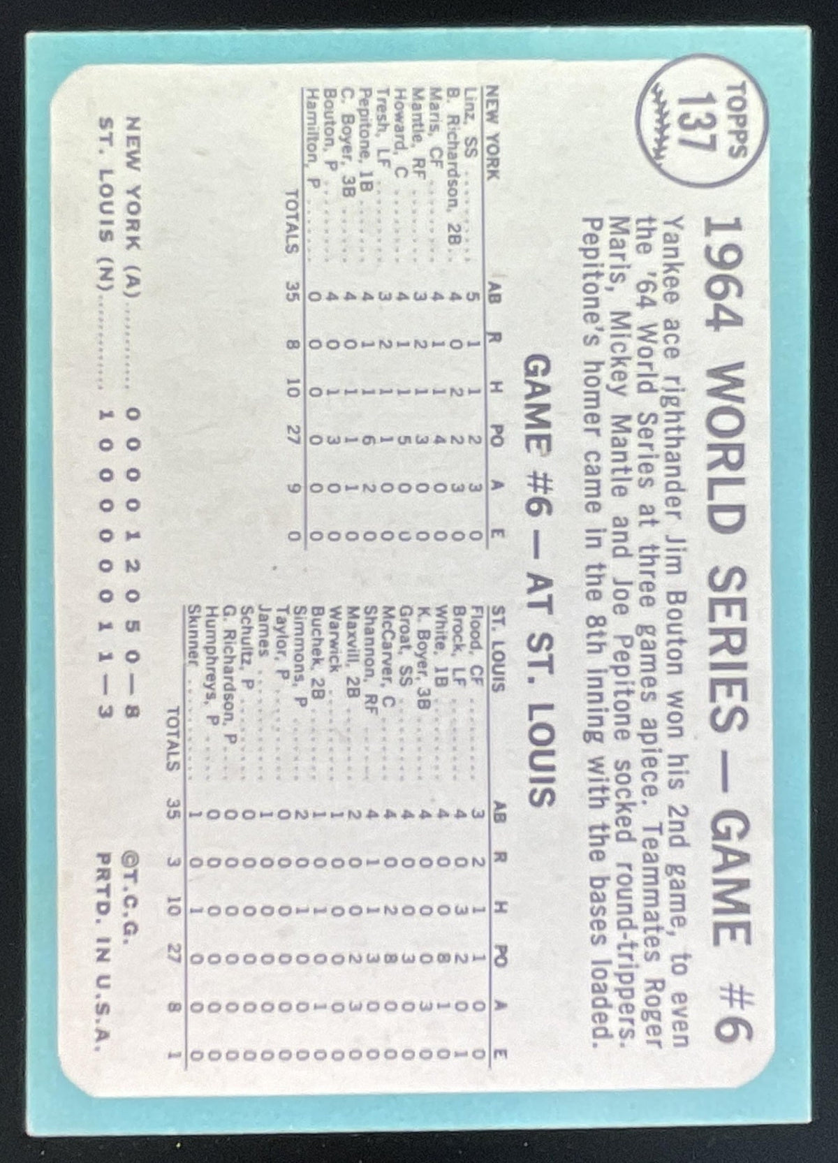 1965 Topps #137 World Series Game #6 - Bouton Wins Again product image 2, provided for visual reference and product detail