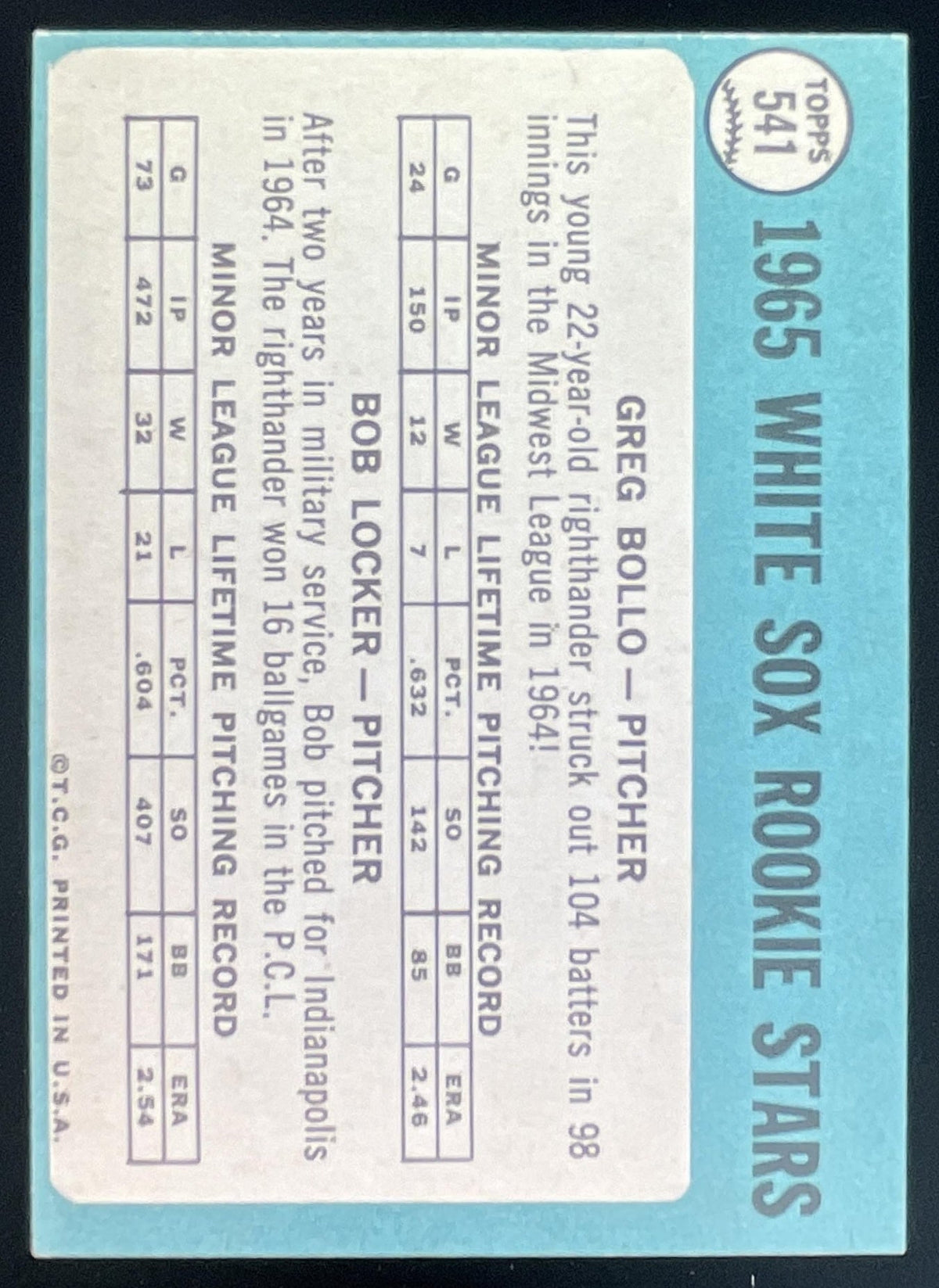 1965 Topps #541 White Sox 1965 Rookie Stars Greg Bollo Bob Locker RS, RC product image 2, provided for visual reference and