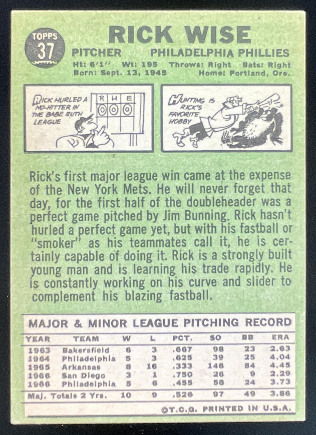 1967 Topps #37 Rick Wise product image 2, provided for visual reference and product detail review