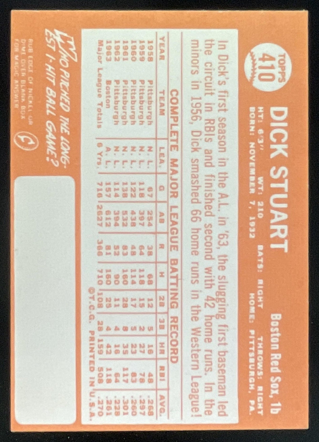 1964 Topps #410 Dick Stuart product image 2, provided for visual reference and product detail review