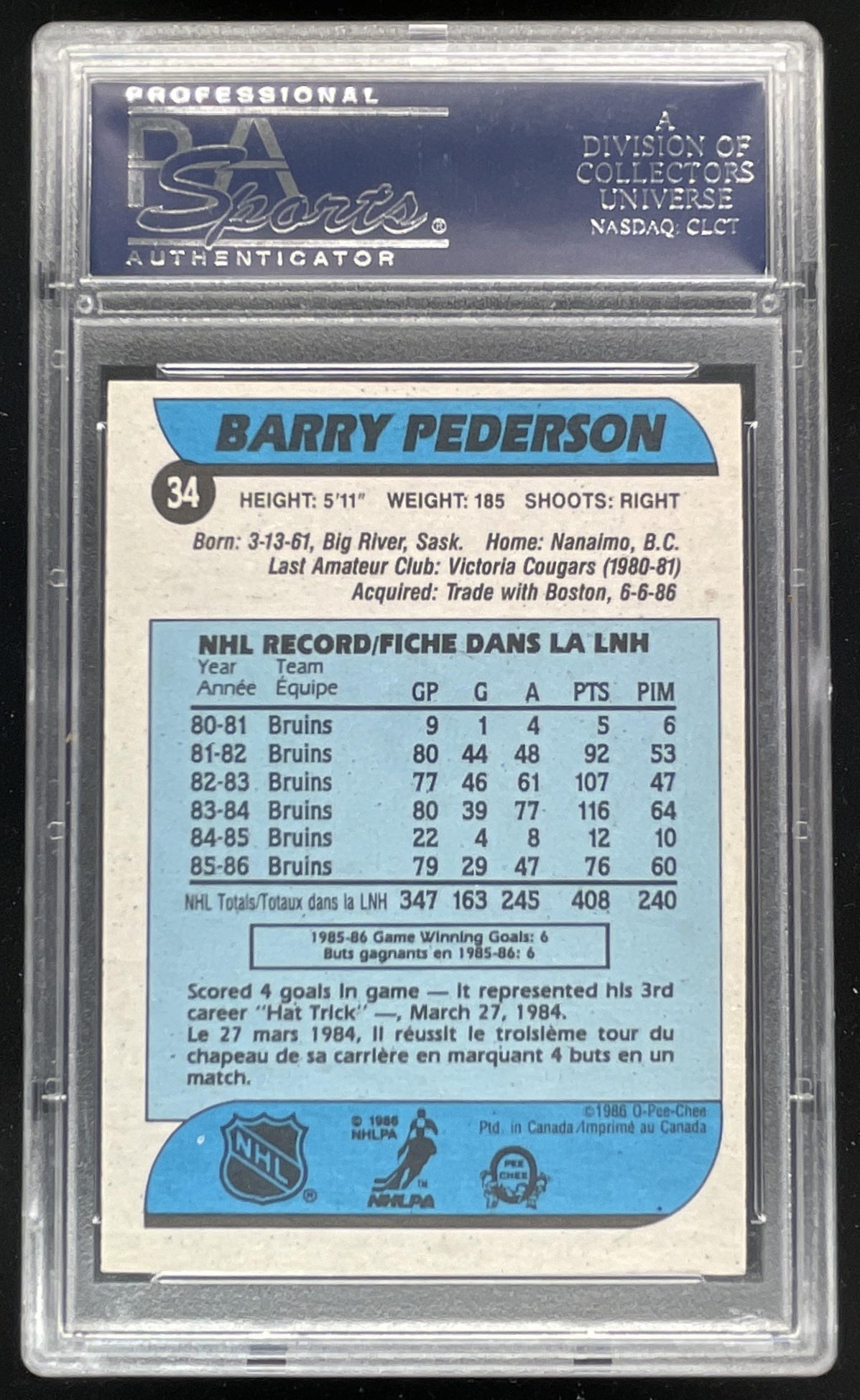 1986-87 O-Pee-Chee #34 Barry Pederson Base PSA DNA Certified Authentic Autograph product image 2, provided for visual