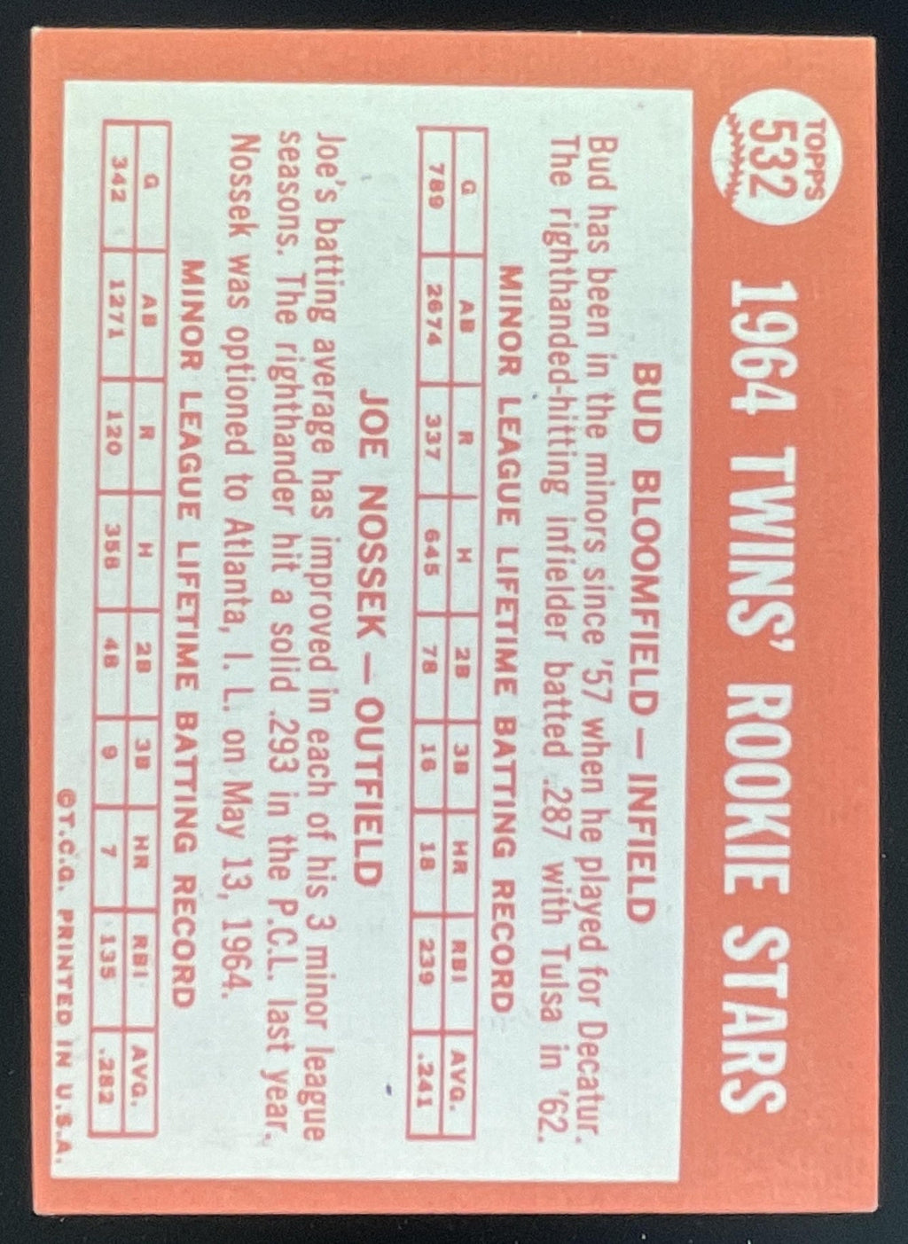 1964 Topps #532 Twins 1964 Rookie Stars Bud Bloomfield Joe Nossek UER RC product image 2, provided for visual reference and