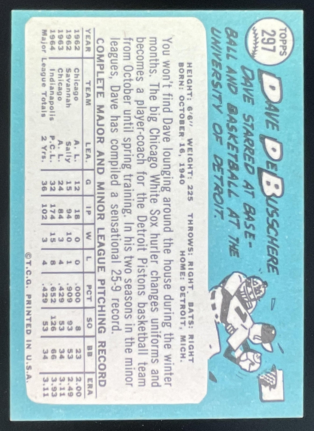 1965 Topps #297 Dave DeBusschere product image 2, provided for visual reference and product detail review