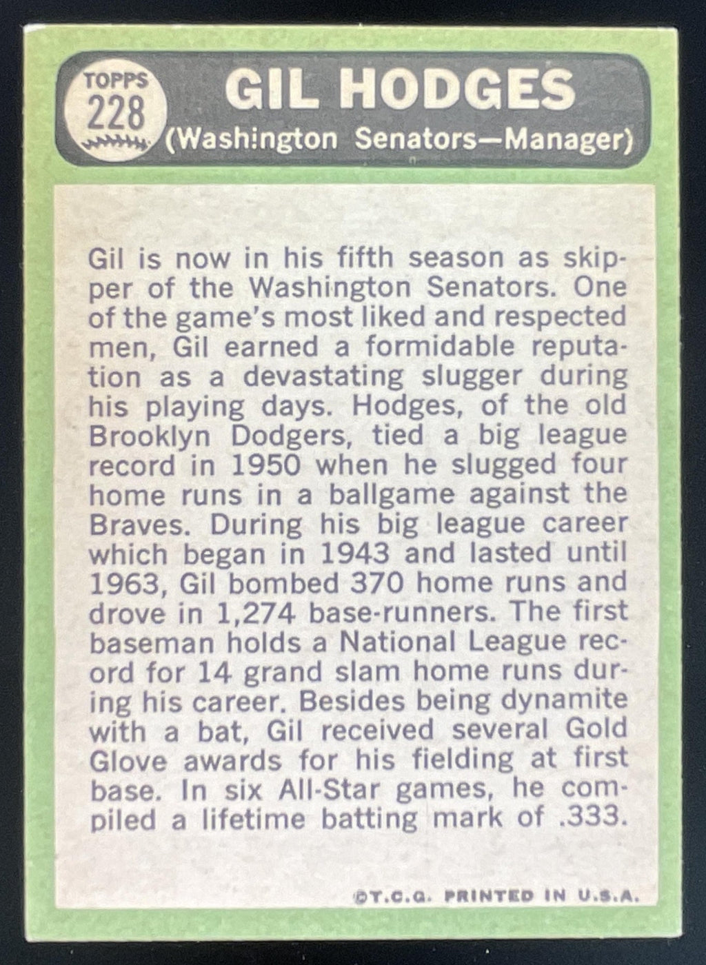 1967 Topps #228 Gil Hodges product image 2, provided for visual reference and product detail review
