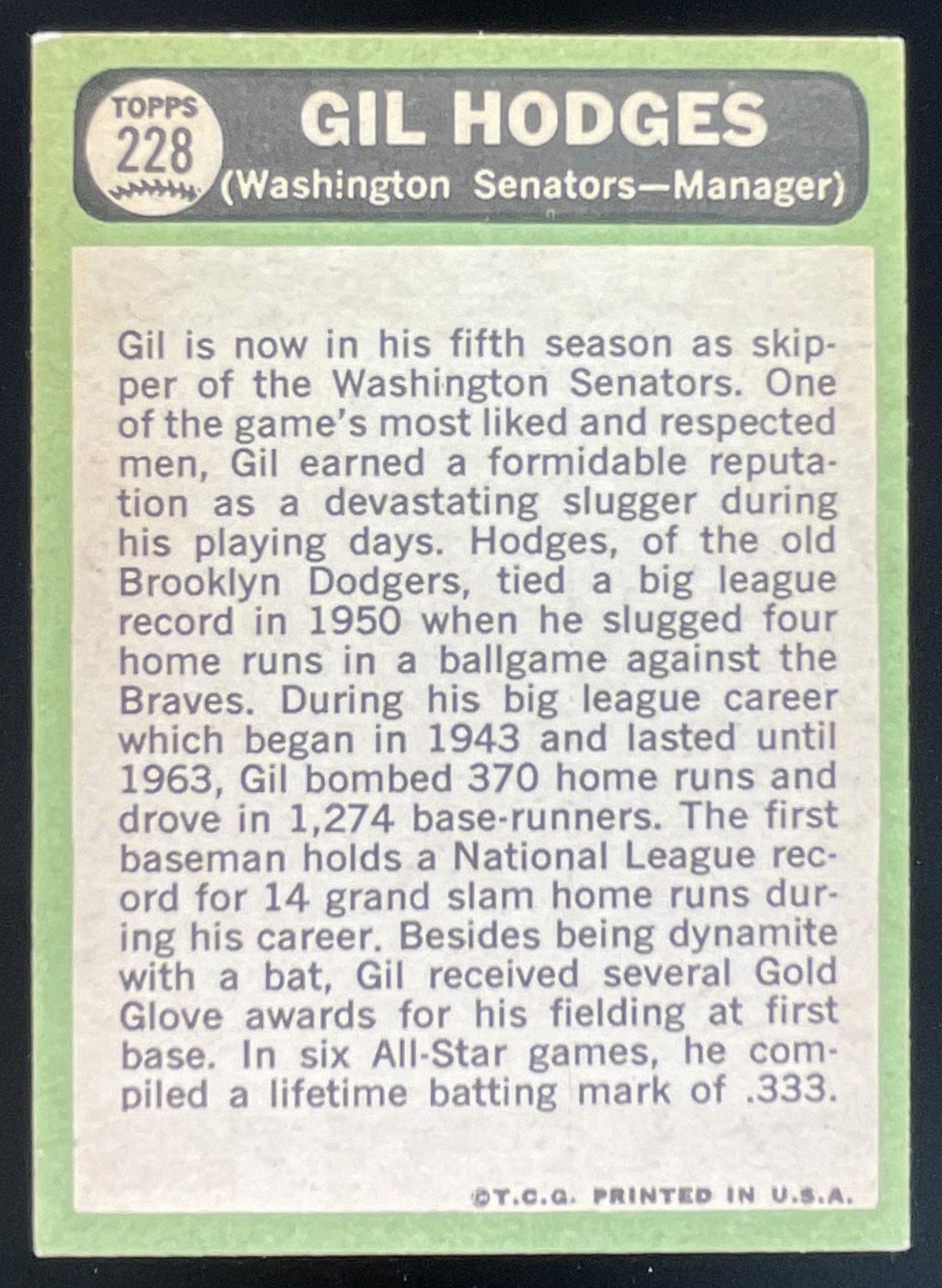 1967 Topps #228 Gil Hodges product image 2, provided for visual reference and product detail review