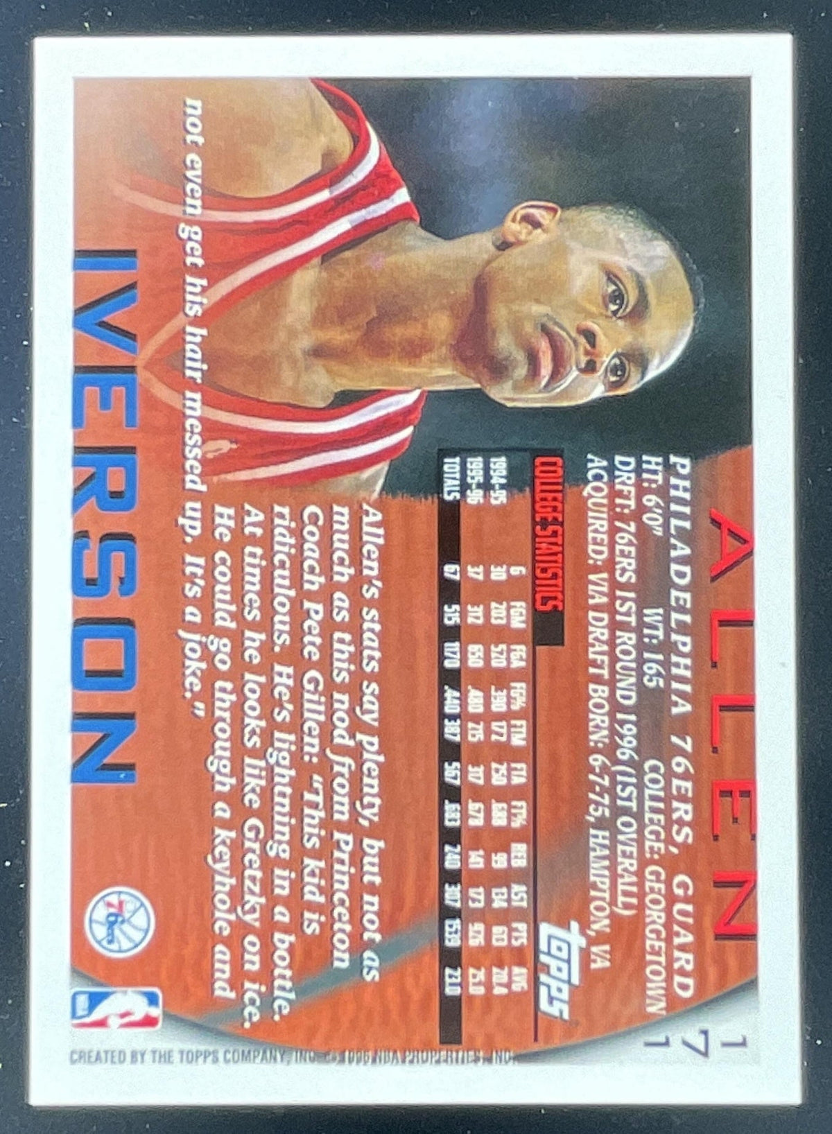 1996-97 Topps #171 Allen Iverson RC product image 2, provided for visual reference and product detail review