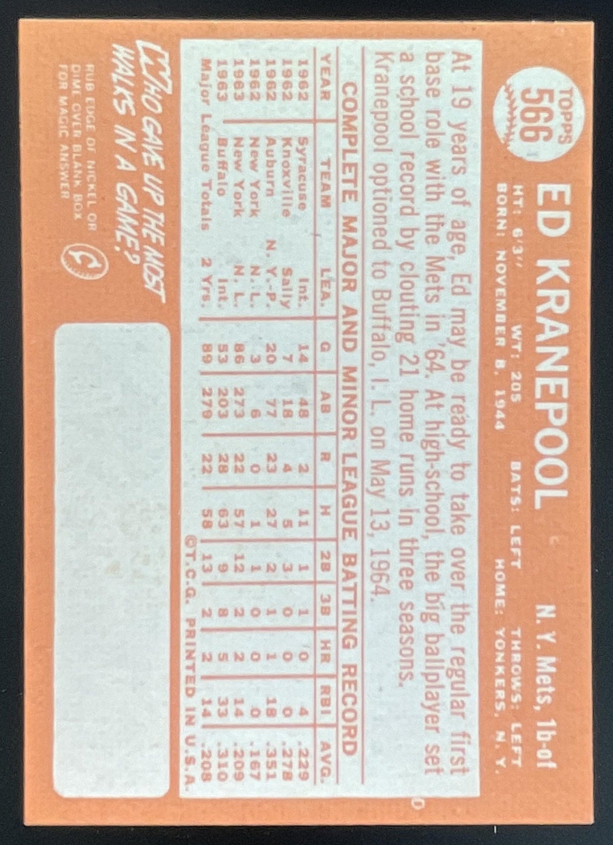 1964 Topps #566 Ed Kranepool product image 2, provided for visual reference and product detail review