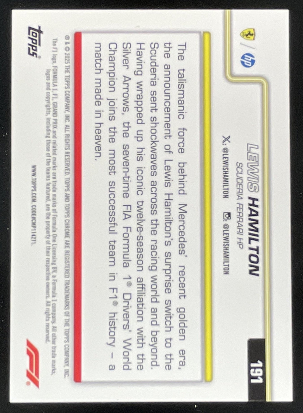 2025 Topps Chrome Sapphire F1 Yellow #191 Lewis Hamilton F1 On The Move /75 product image 2, provided for visual reference