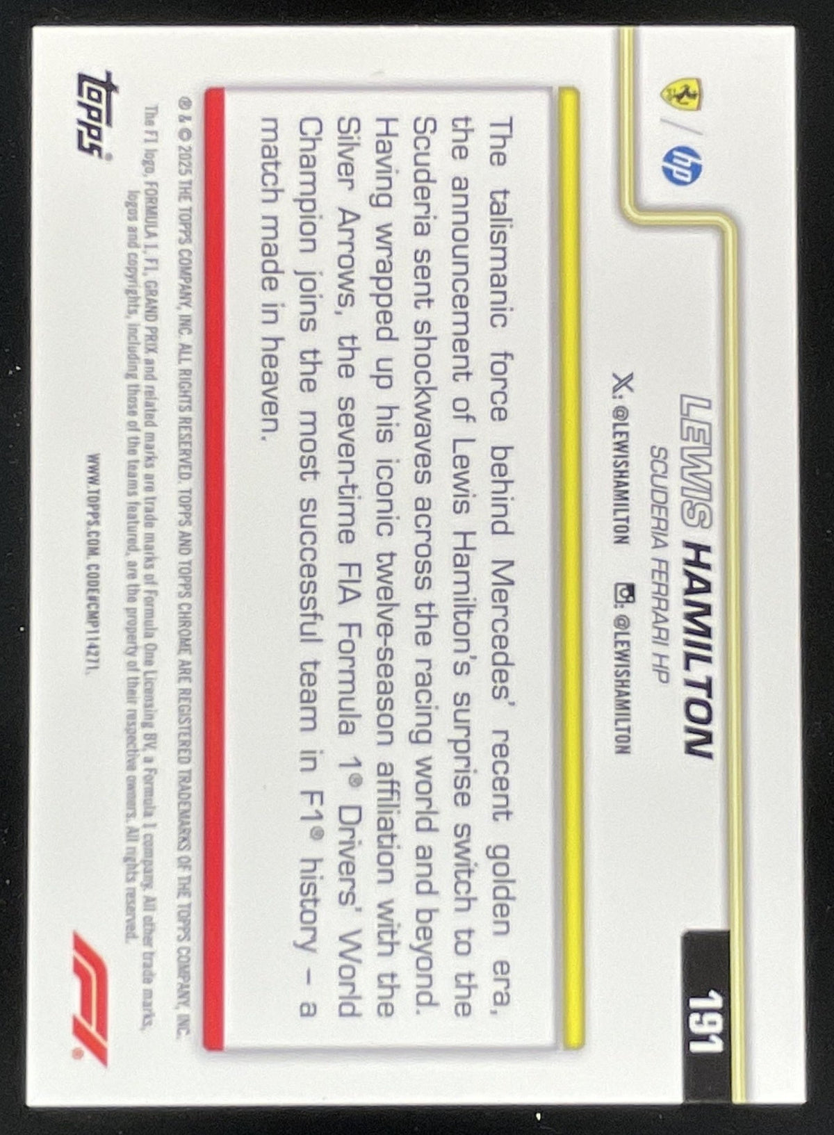 2025 Topps Chrome Sapphire F1 Yellow #191 Lewis Hamilton F1 On The Move /75 product image 2, provided for visual reference