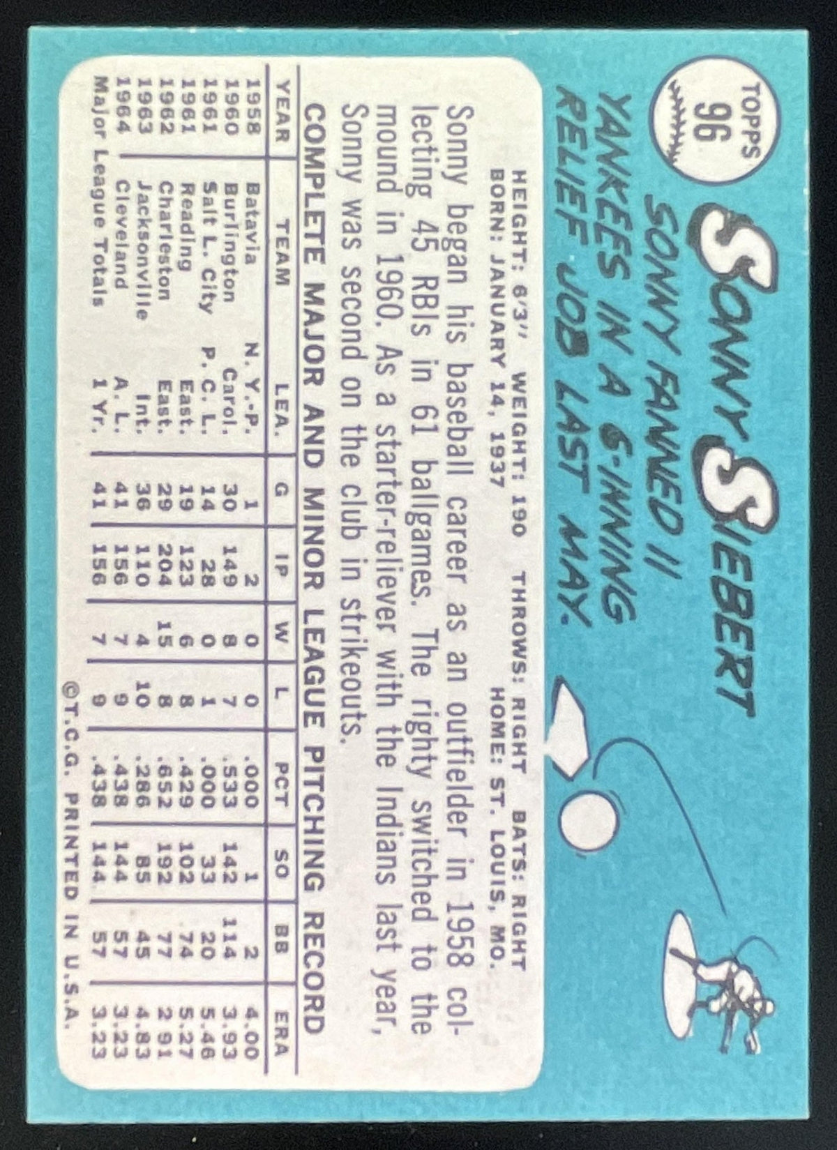 1965 Topps #96 Sonny Siebert product image 2, provided for visual reference and product detail review