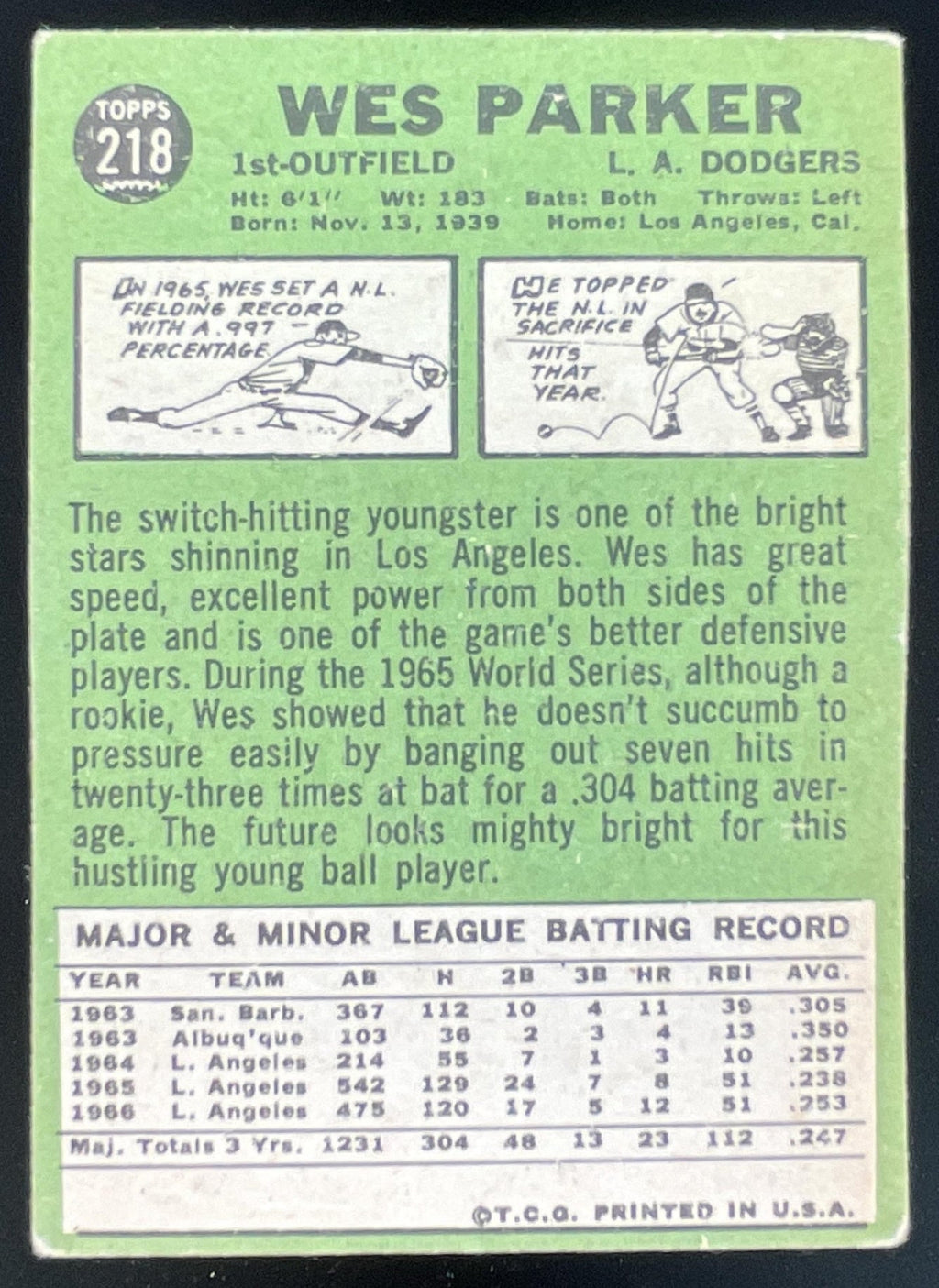 1967 Topps #218 Wes Parker product image 2, provided for visual reference and product detail review