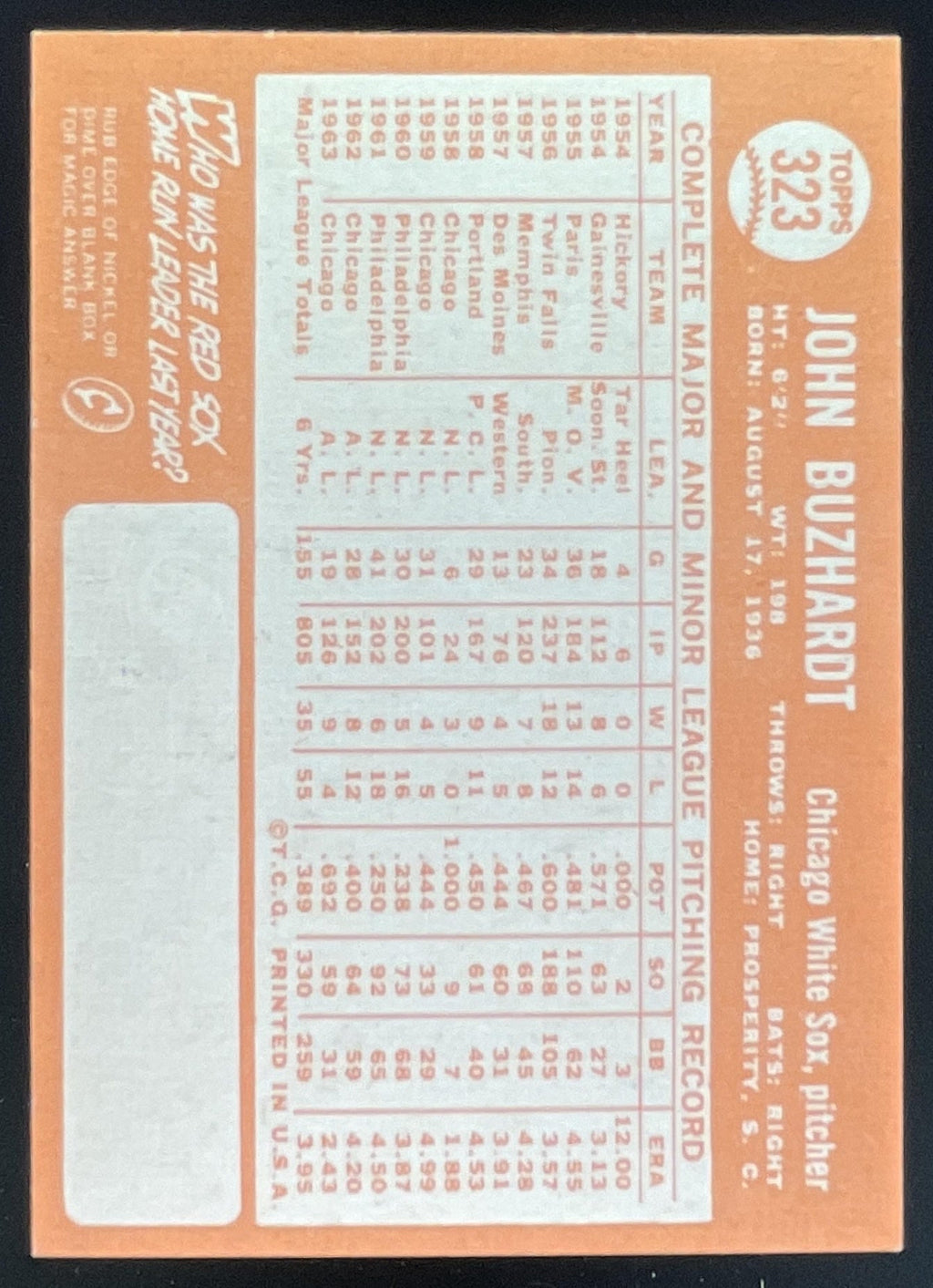 1964 Topps #323 John Buzhardt product image 2, provided for visual reference and product detail review