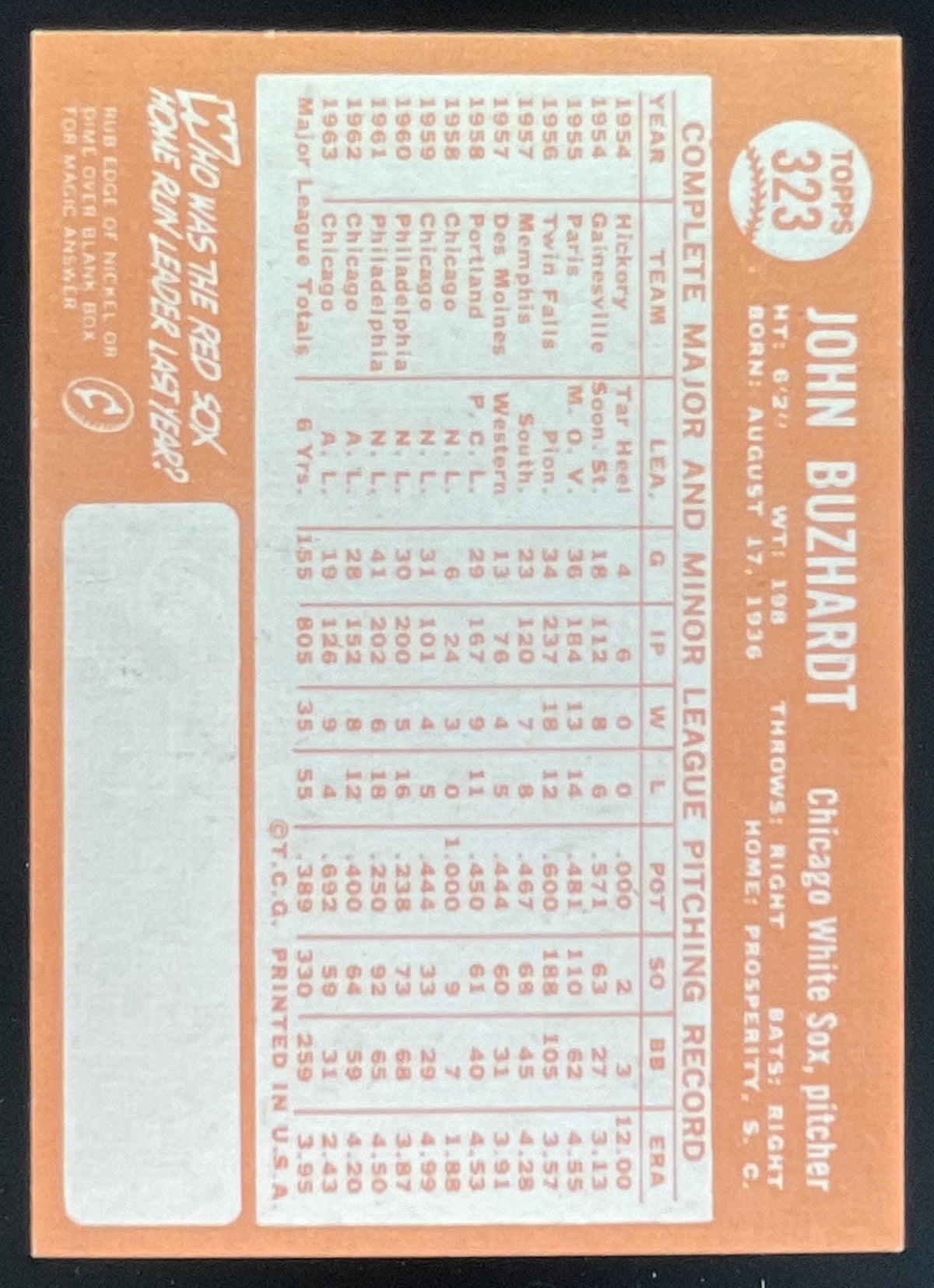1964 Topps #323 John Buzhardt product image 2, provided for visual reference and product detail review