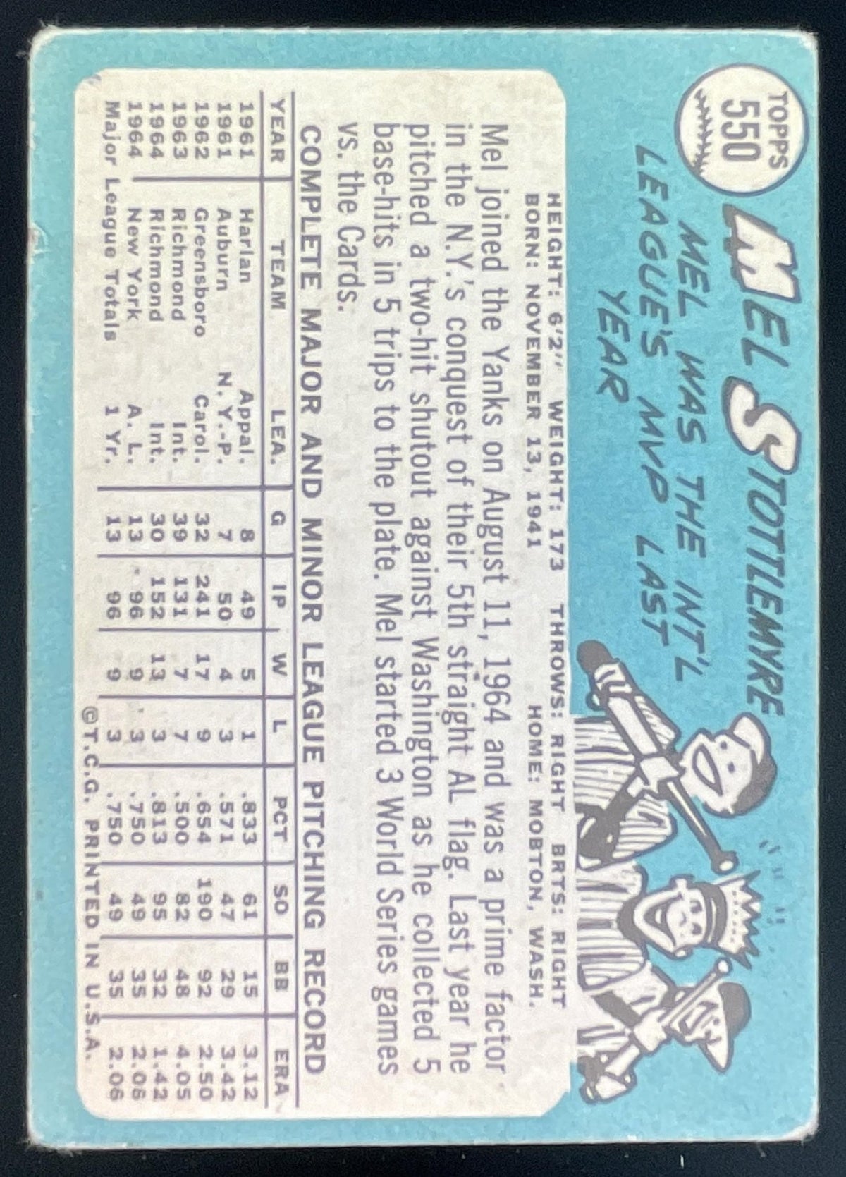 1965 Topps #550 Mel Stottlemyre RC product image 2, provided for visual reference and product detail review