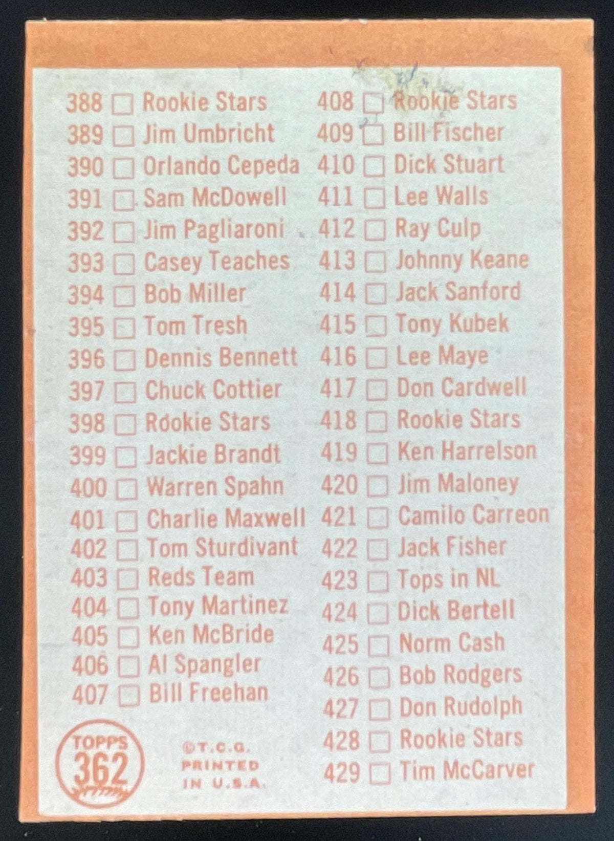 1964 Topps #362 5th Series Checklist: 353-429 product image 2, provided for visual reference and product detail review