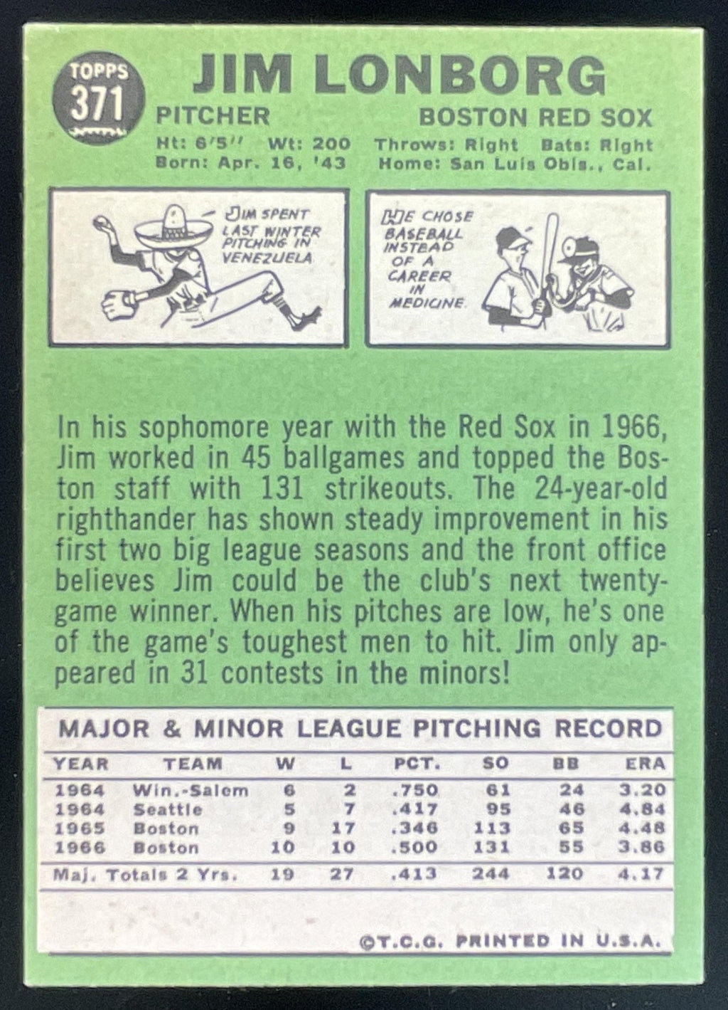 1967 Topps #371 Jim Lonborg product image 2, provided for visual reference and product detail review