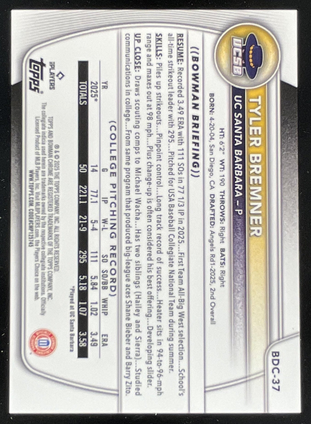 2025 Bowman Draft Chrome College Variation Orange #BDC-37 Tyler Bremner /25 product image 2, provided for visual reference