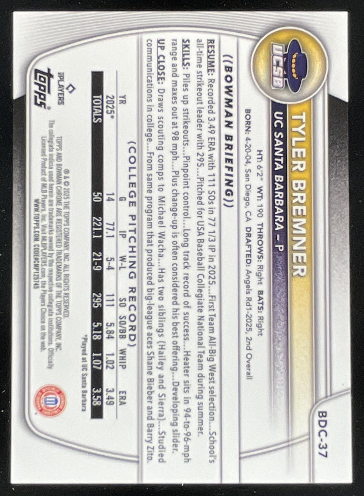 2025 Bowman Draft Chrome College Variation Orange #BDC-37 Tyler Bremner /25 product image 2, provided for visual reference