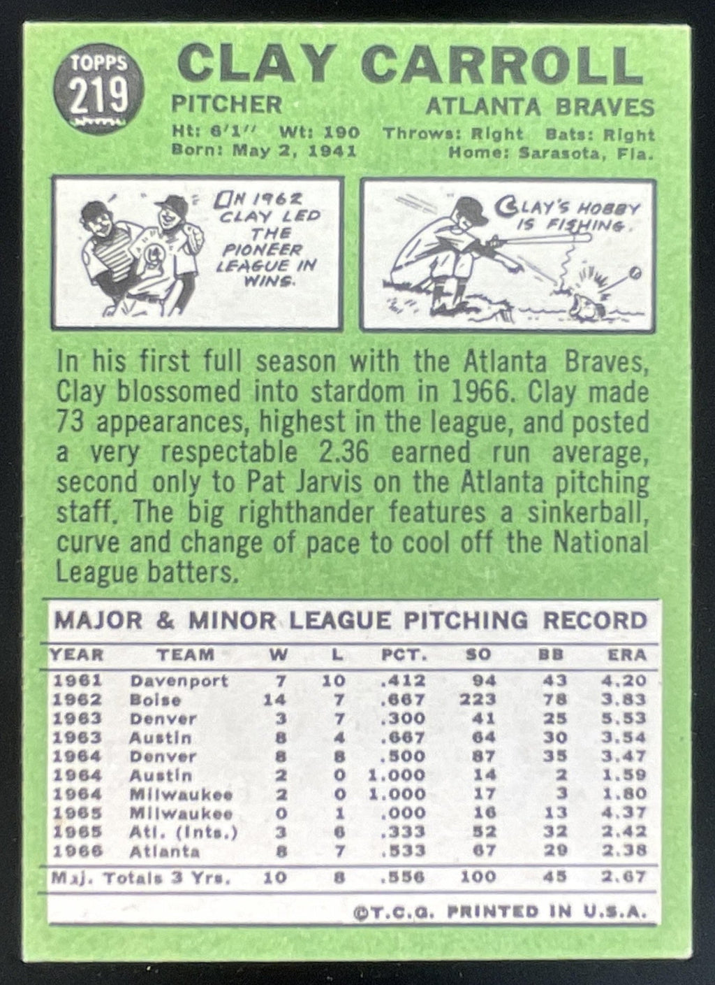 1967 Topps #219 Clay Carroll product image 2, provided for visual reference and product detail review