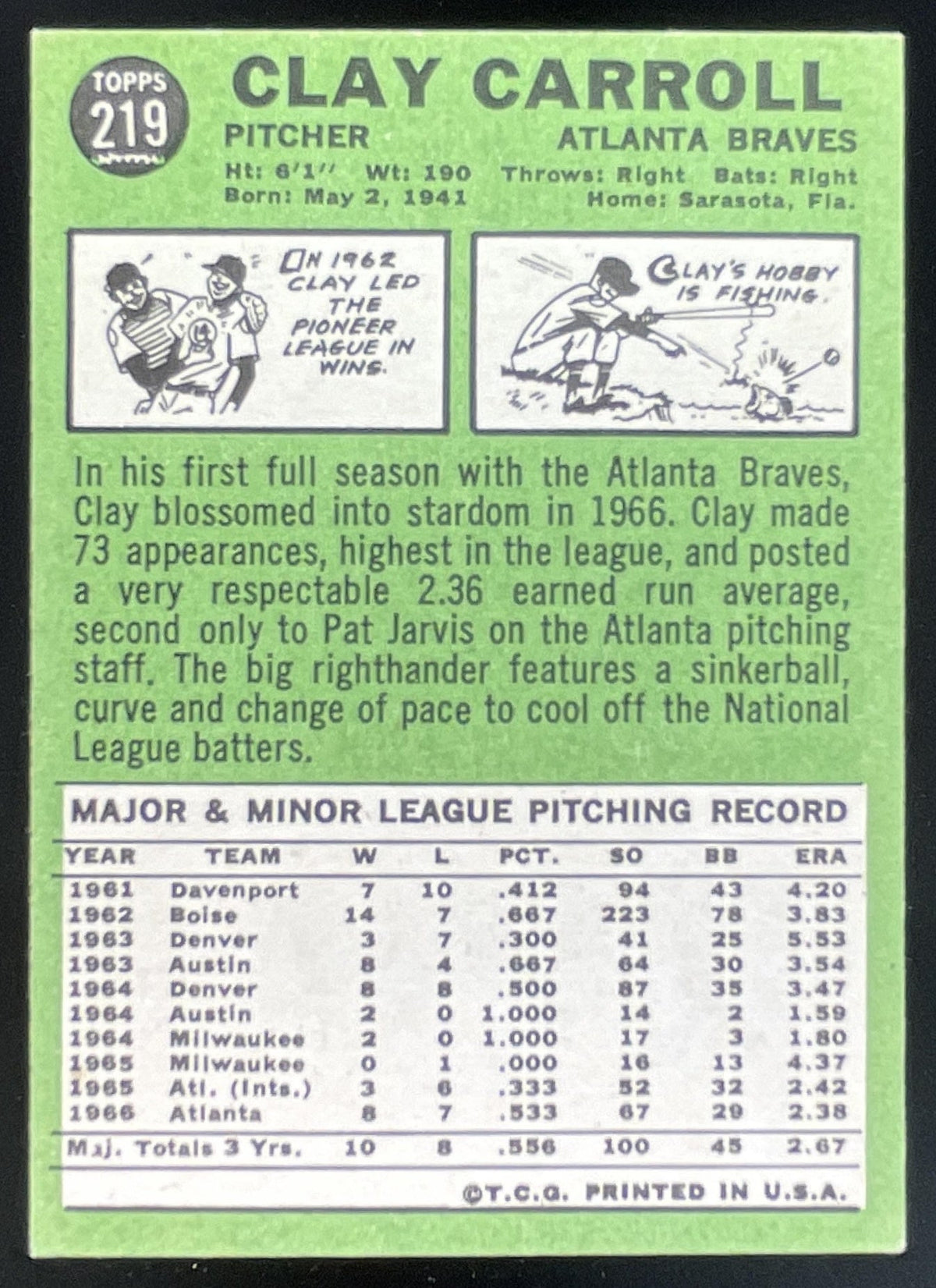 1967 Topps #219 Clay Carroll product image 2, provided for visual reference and product detail review
