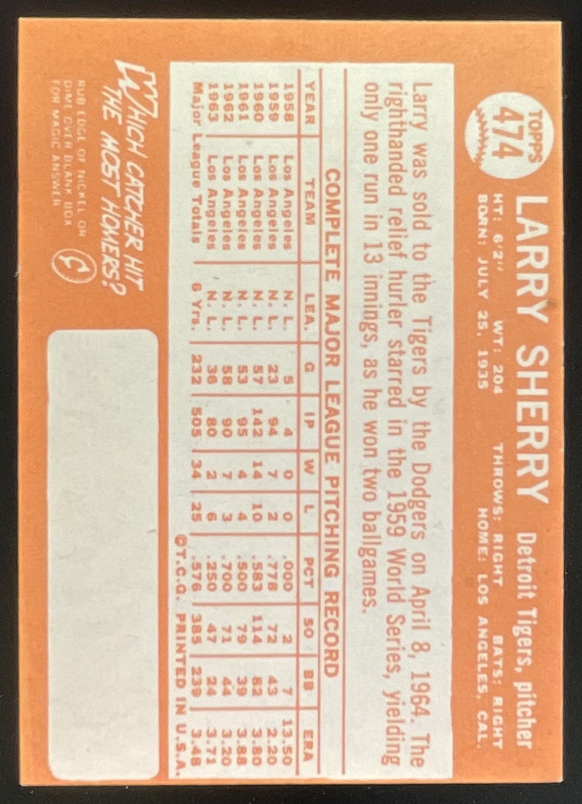1964 Topps #474 Larry Sherry product image 2, provided for visual reference and product detail review