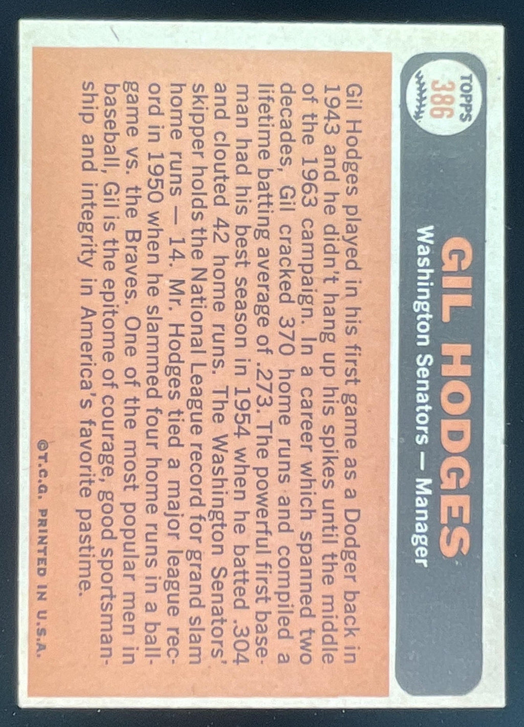 1966 Topps #386 Gil Hodges product image 2, provided for visual reference and product detail review