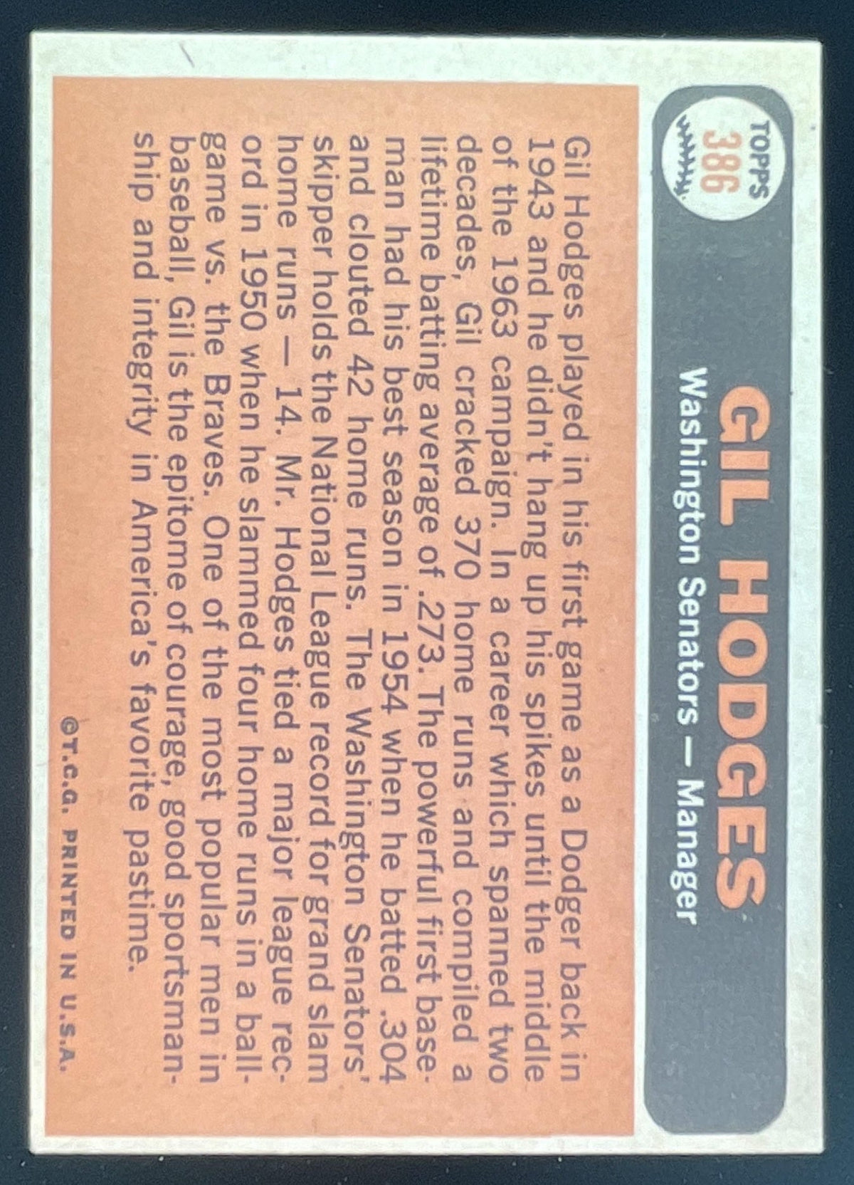 1966 Topps #386 Gil Hodges product image 2, provided for visual reference and product detail review