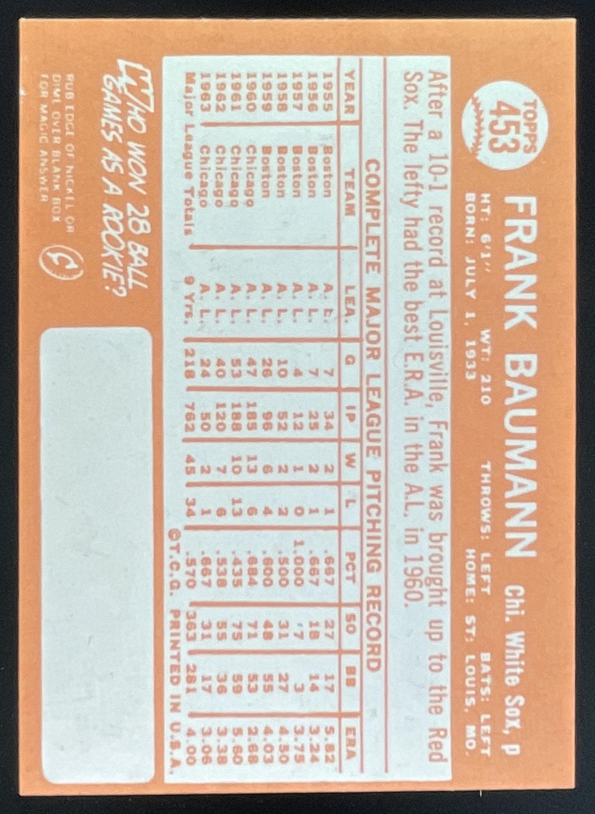 1964 Topps #453 Frank Baumann product image 2, provided for visual reference and product detail review