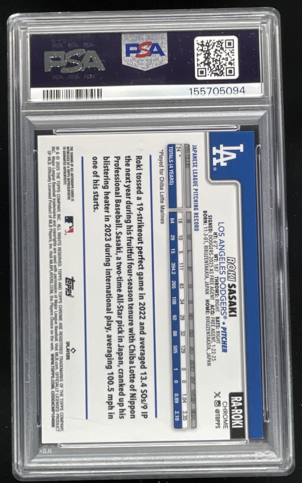 2025 Topps Chrome Rookie Blue #RA-ROKI Roki Sasaki RC Auto /150 PSA 9 product image 2, provided for visual reference and