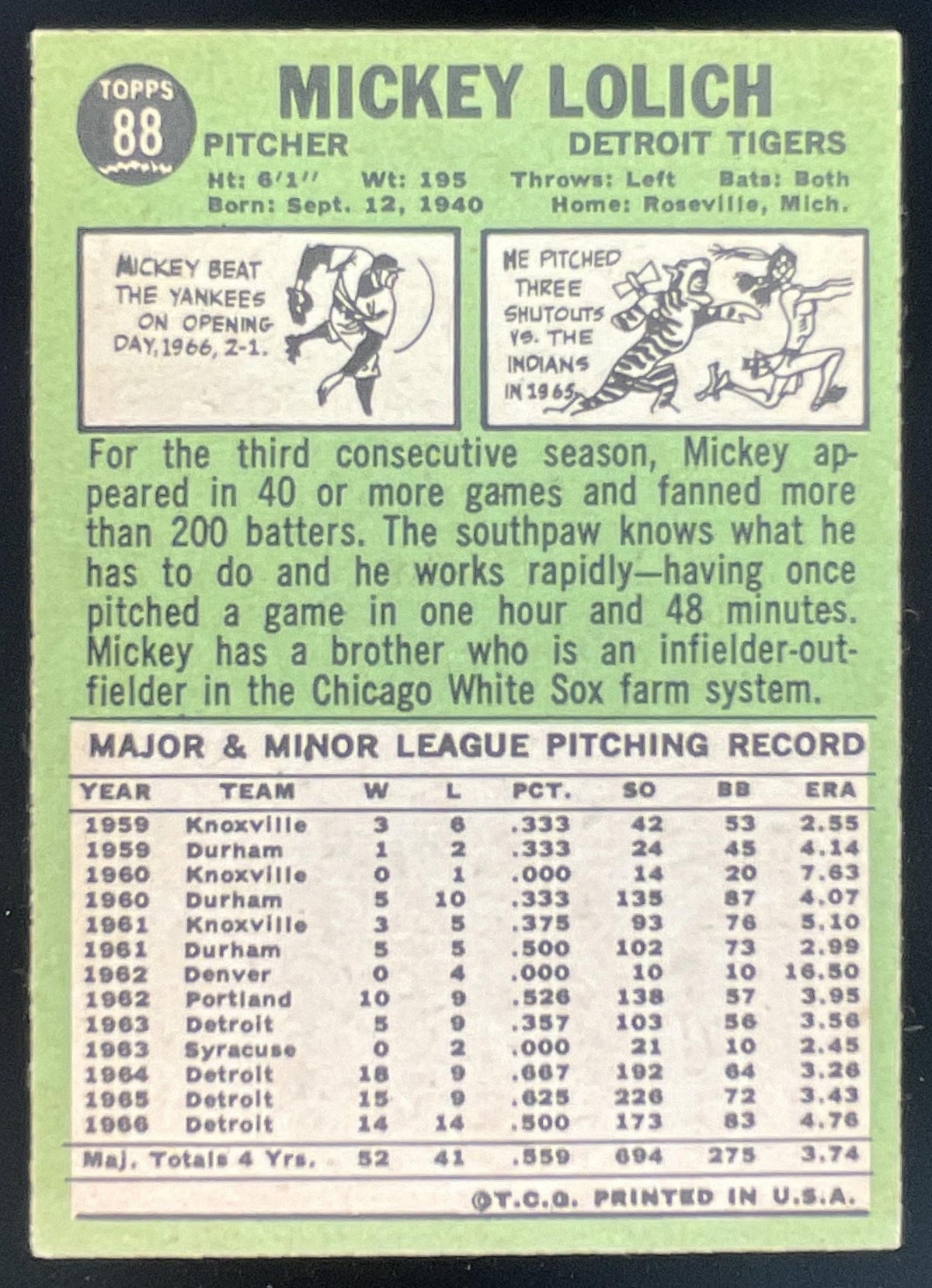 1967 Topps #88 Mickey Lolich product image 2, provided for visual reference and product detail review