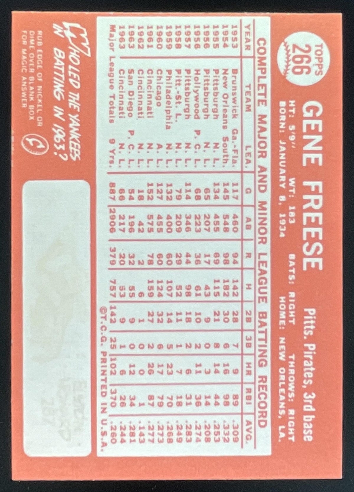 1964 Topps #266 Gene Freese product image 2, provided for visual reference and product detail review