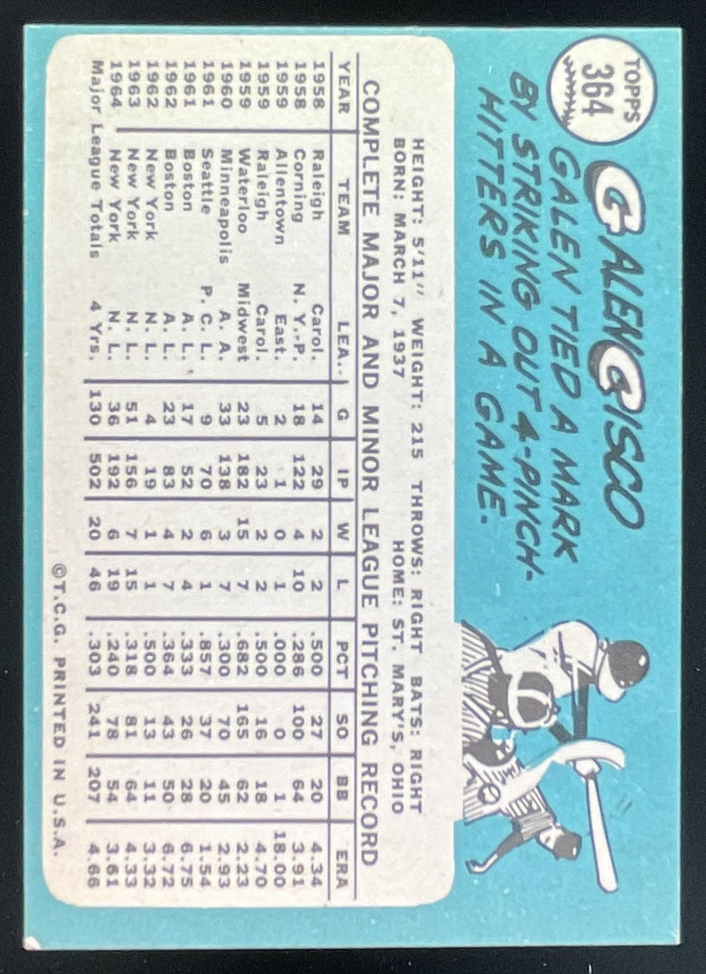 1965 Topps #364 Galen Cisco product image 2, provided for visual reference and product detail review
