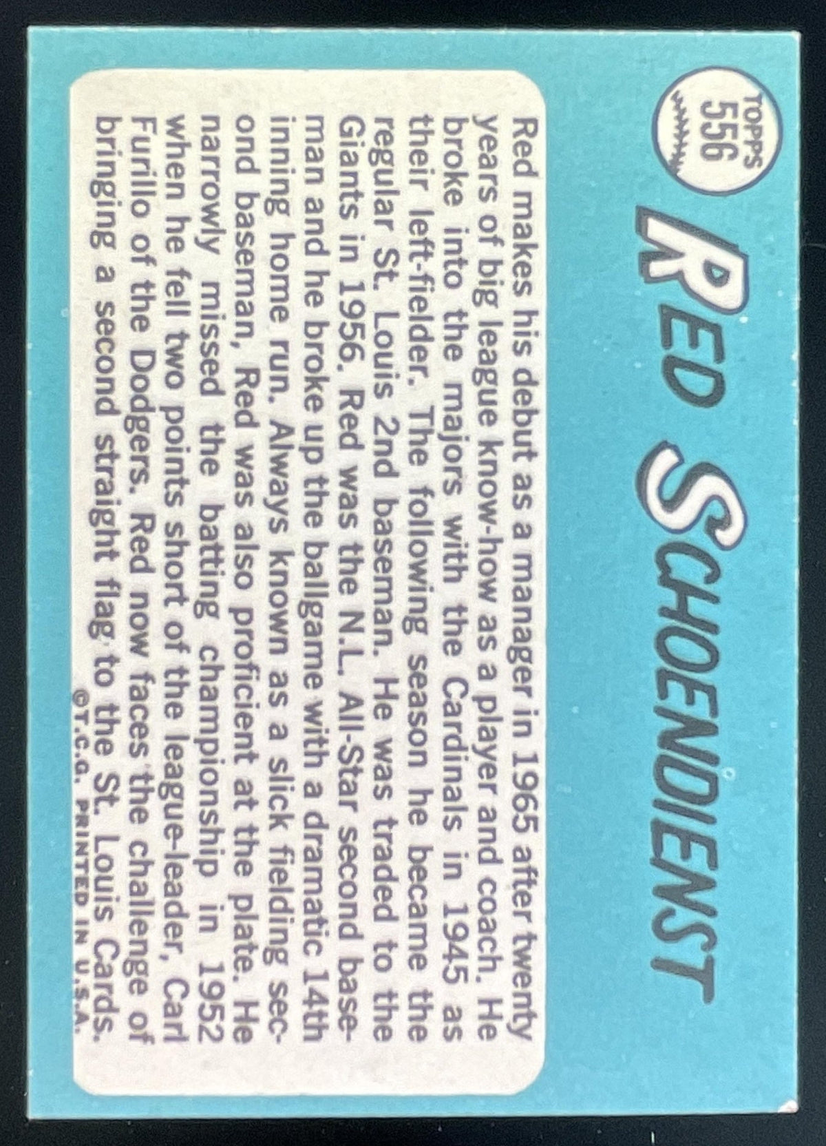 1965 Topps #556 Red Schoendienst product image 2, provided for visual reference and product detail review