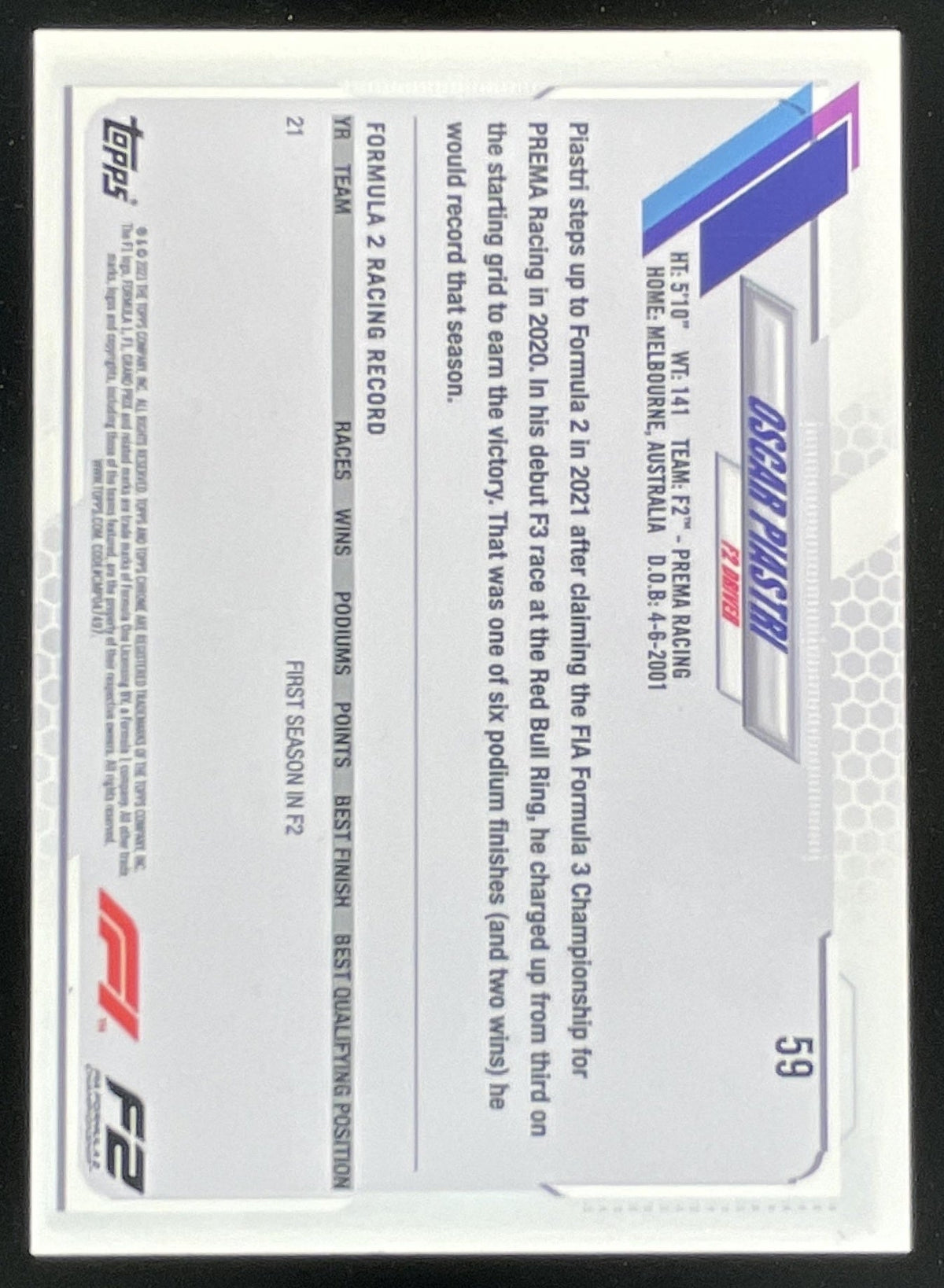 2021 Topps Chrome Formula 1 Purple Refractor #59 Oscar Piastri RC Future Stars product image 2, provided for visual