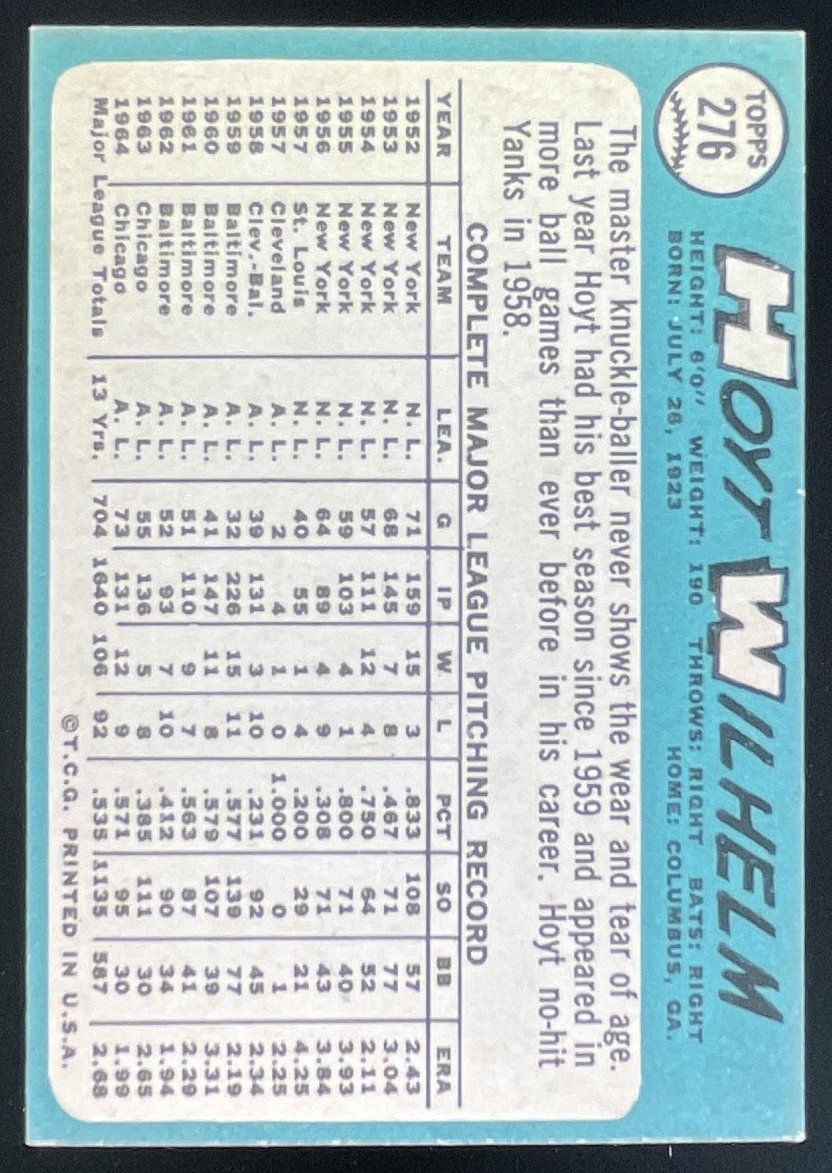 1965 Topps #276 Hoyt Wilhelm product image 2, provided for visual reference and product detail review