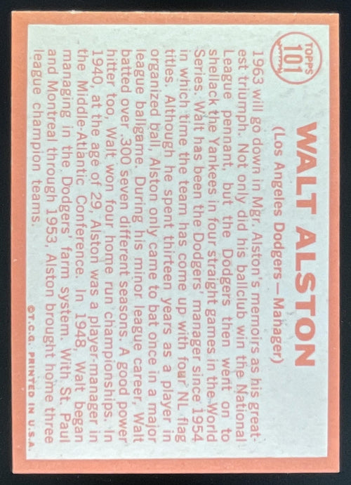 1964 Topps #101 Walt Alston product image 2, provided for visual reference and product detail review