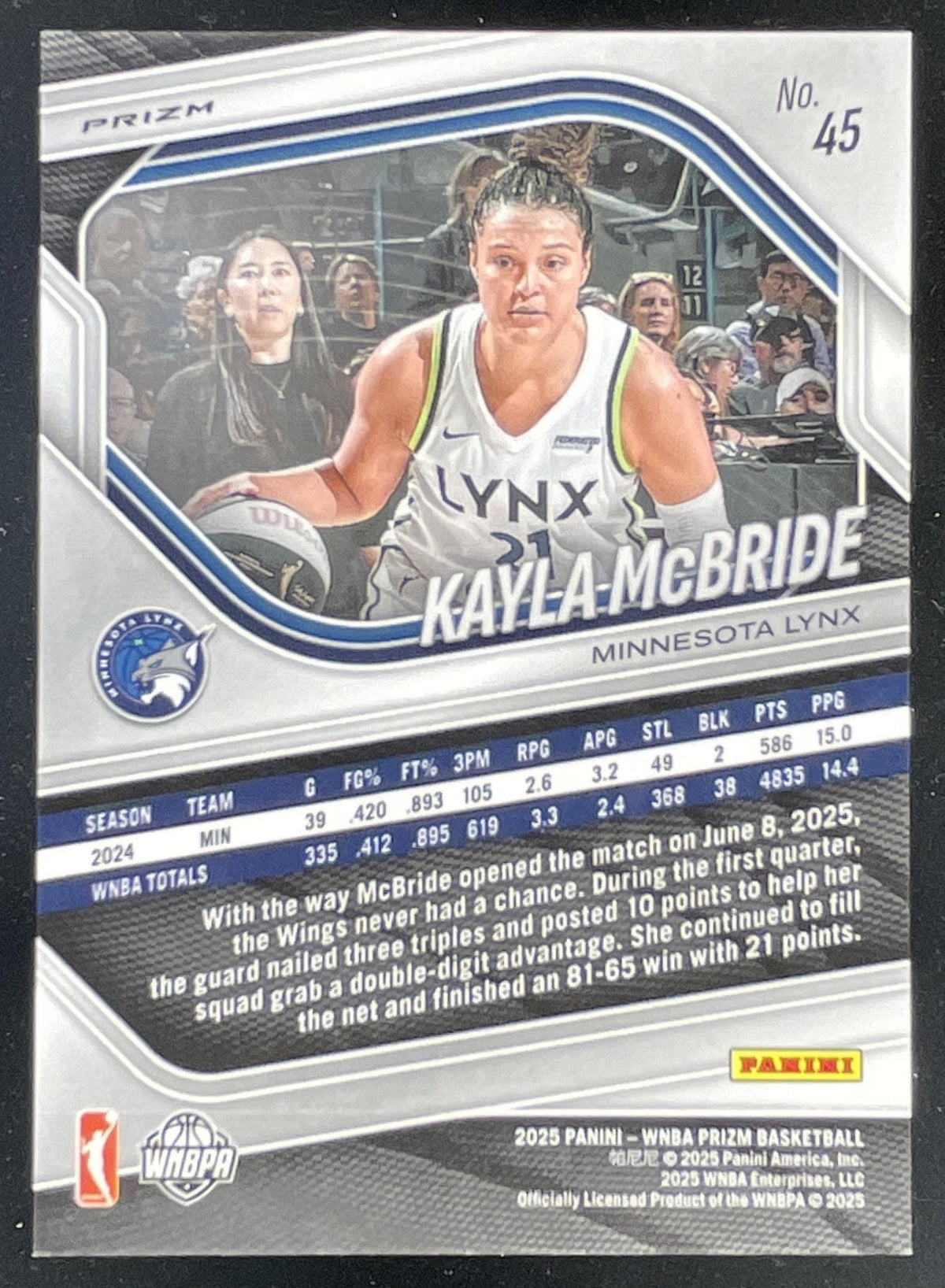 2025 Panini WNBA Prizm Purple Velocity Prizm #45 Kayla McBride /59 product image 2, provided for visual reference and