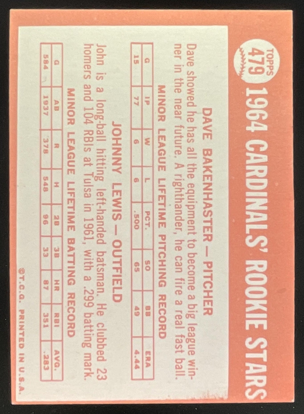 1964 Topps #479 Cardinals 1964 Rookie Stars Dave Bakenhaster Johnny Lewis RC product image 2, provided for visual reference