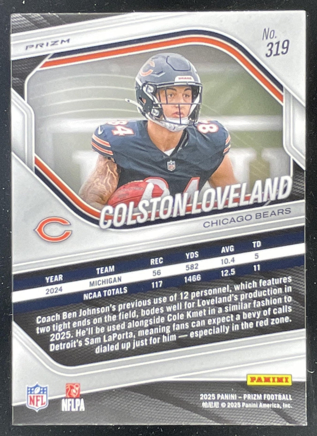 2025 Panini Prizm Silver Prizm #319 Colston Loveland RC product image 2, provided for visual reference and product detail