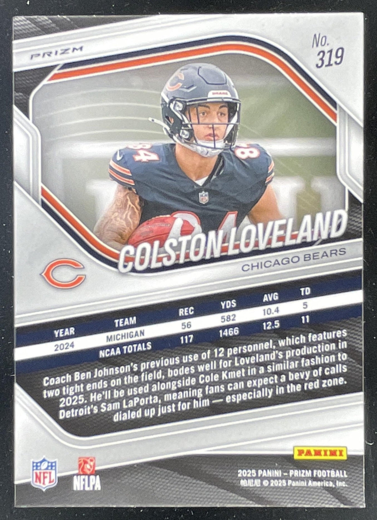 2025 Panini Prizm Silver Prizm #319 Colston Loveland RC product image 2, provided for visual reference and product detail