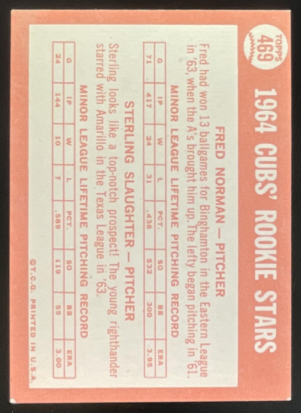 1964 Topps #469 Cubs 1964 Rookie Stars Fred Norman Sterling Slaughter RC product image 2, provided for visual reference and