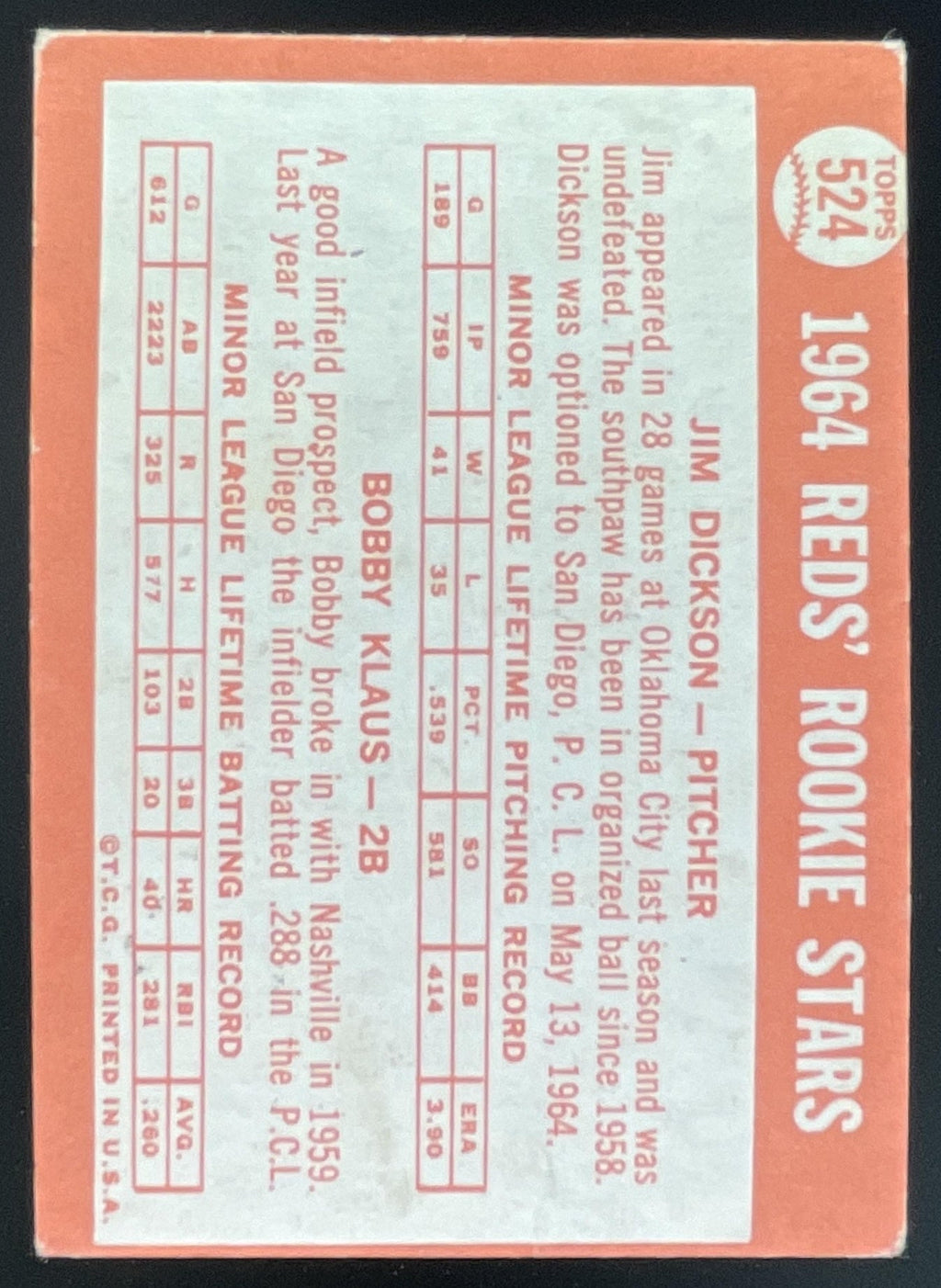 1964 Topps #524 Reds 1964 Rookie Stars Jim Dickson Bobby Klaus RC product image 2, provided for visual reference and product