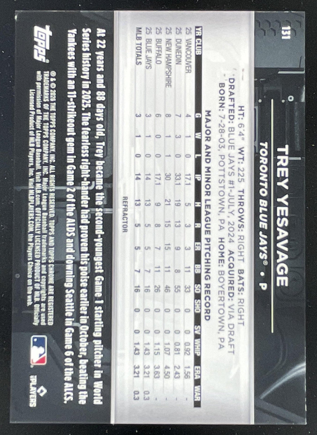 2026 Topps Chrome Black Refractor #131 Trey Yesavage RC /199 product image 2, provided for visual reference and product