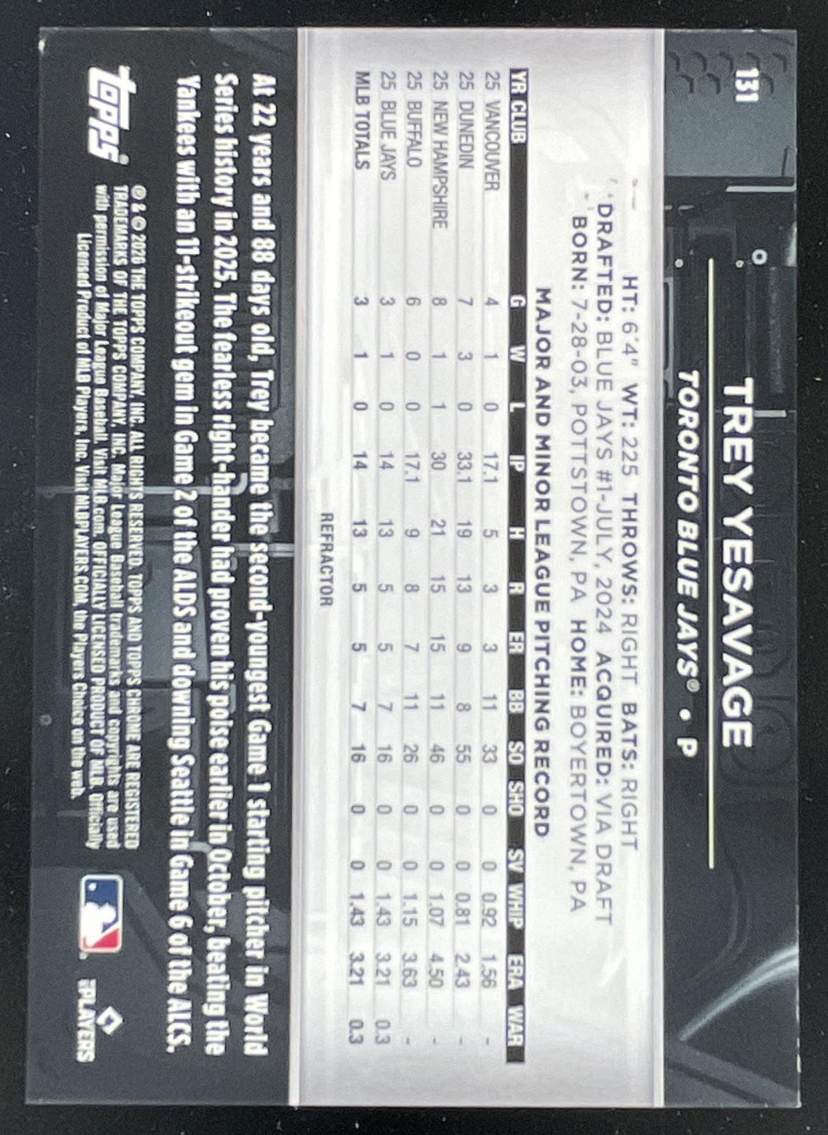 2026 Topps Chrome Black Refractor #131 Trey Yesavage RC /199 product image 2, provided for visual reference and product