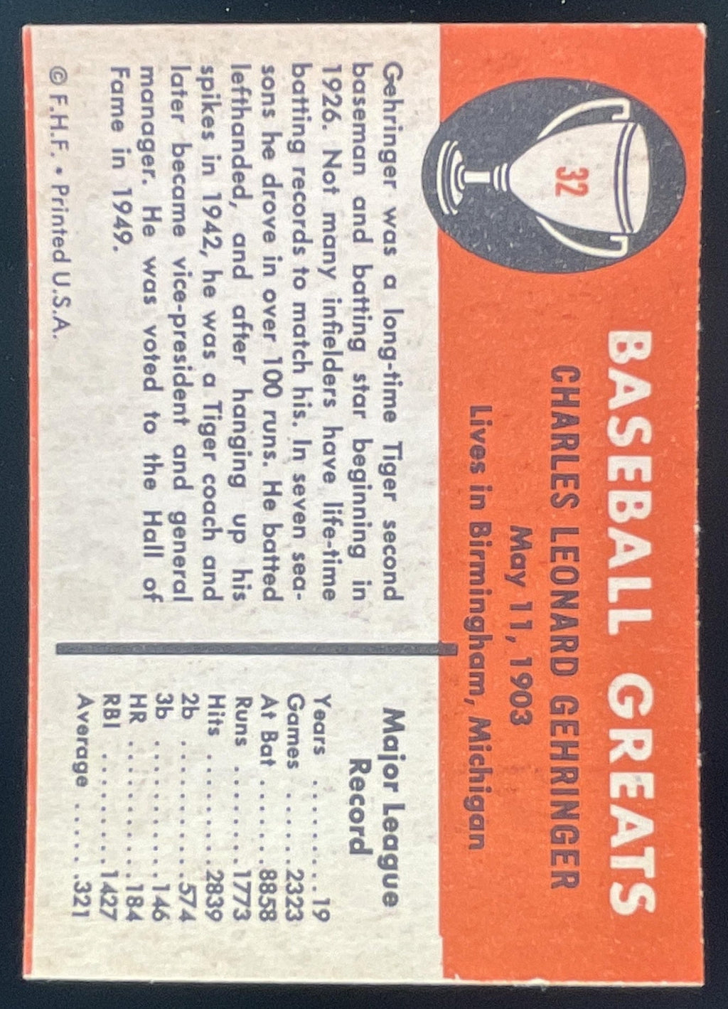 1961 Fleer Baseball Greats F418-3 - #32 Charlie Gehringer product image 2, provided for visual reference and product detail