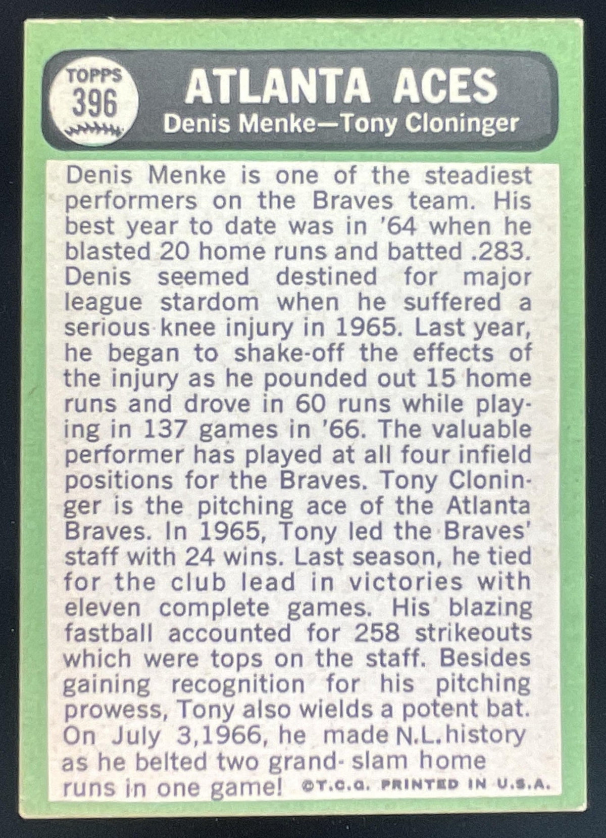 1967 Topps #396 Atlanta Aces Denis Menke Tony Cloninger C product image 2, provided for visual reference and product detail